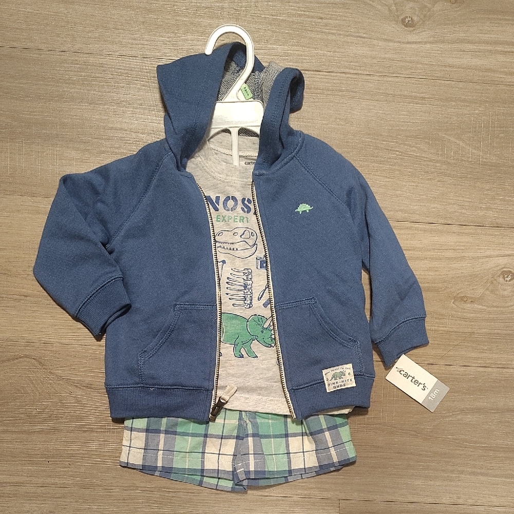 Carter's Navy Blue Hooded Zip Sweatshirt with Dino Tee Set